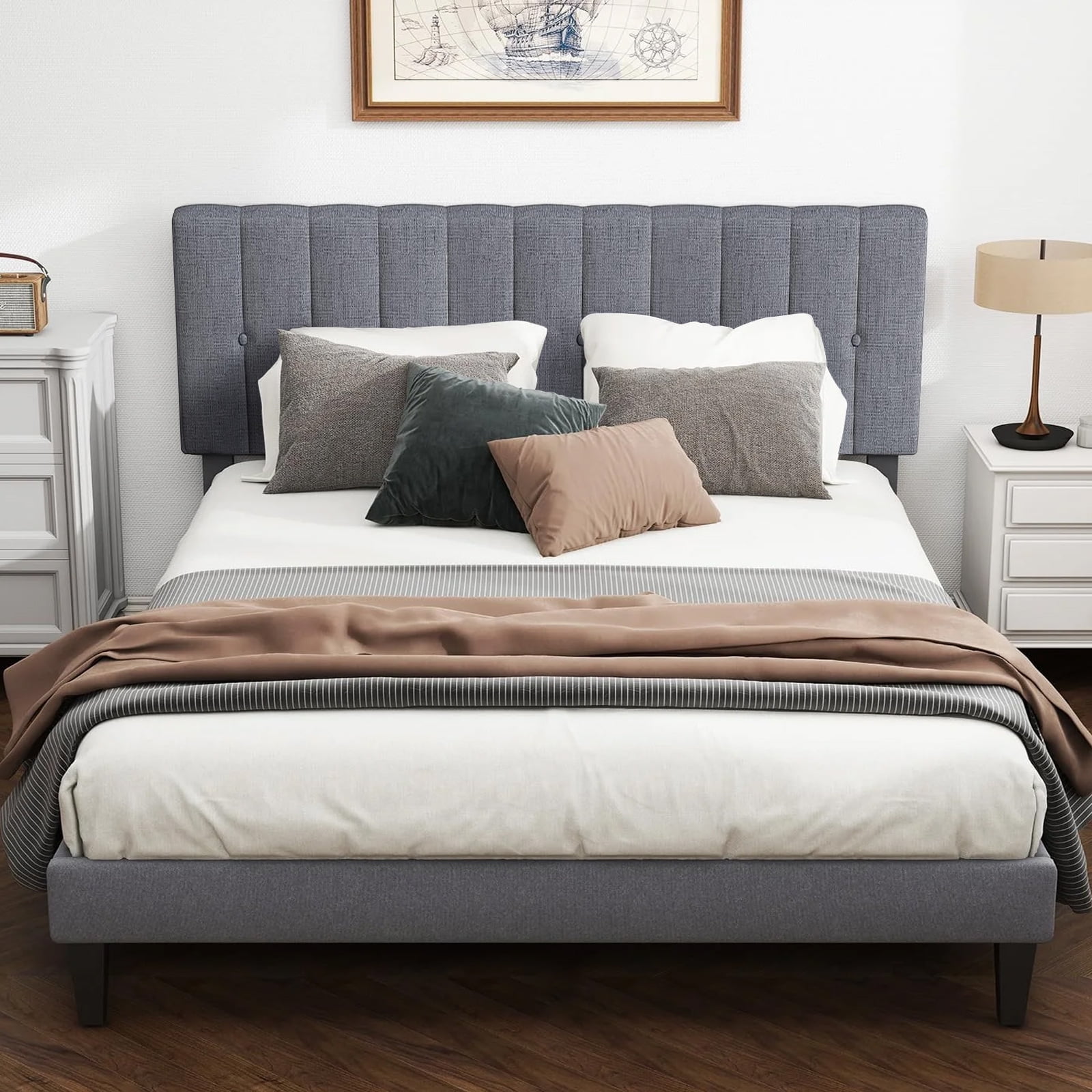 Queen Bed Frames with Headboard, Upholstered Platform Bed with Wood Slats 800 lbs Support , Noise Free, No Box Spring Needed, Gray