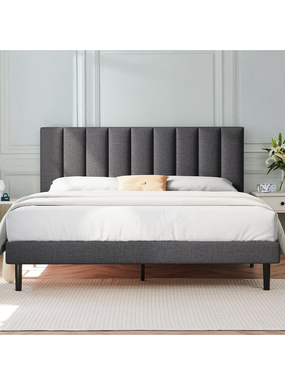 Queen Bed HAIIDE, Queen Platform Bed Frame with Upholstered Headboard, Dark Gray