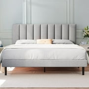 Queen Bed HAIIDE, Queen Platform Bed Frame with Upholstered Headboard, Light Gray