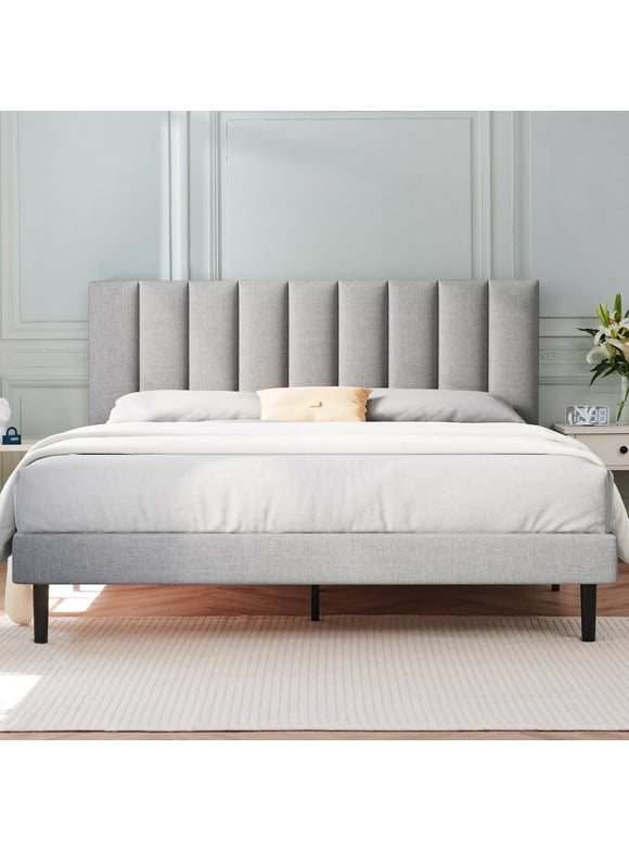 Queen Bed HAIIDE, Queen Platform Bed Frame with Upholstered Headboard, Light Gray