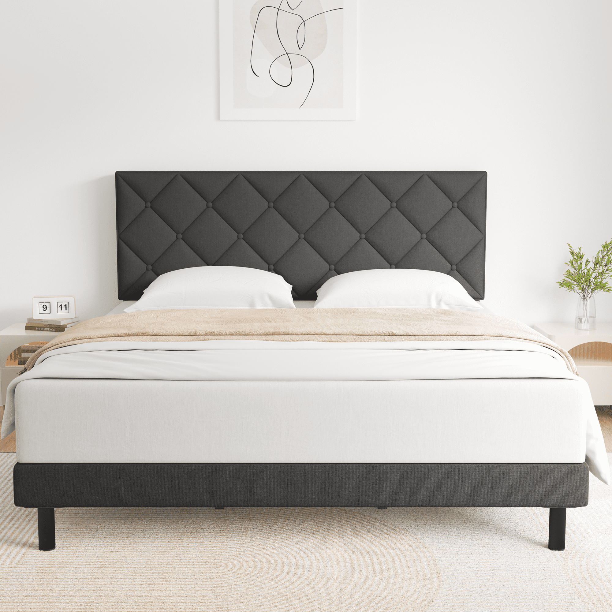 Queen Bed, HAIIDE Queen Size bed Frame with Fabric Upholstered Headboard,Dark Grey, Easy Assembly - image 1 of 7