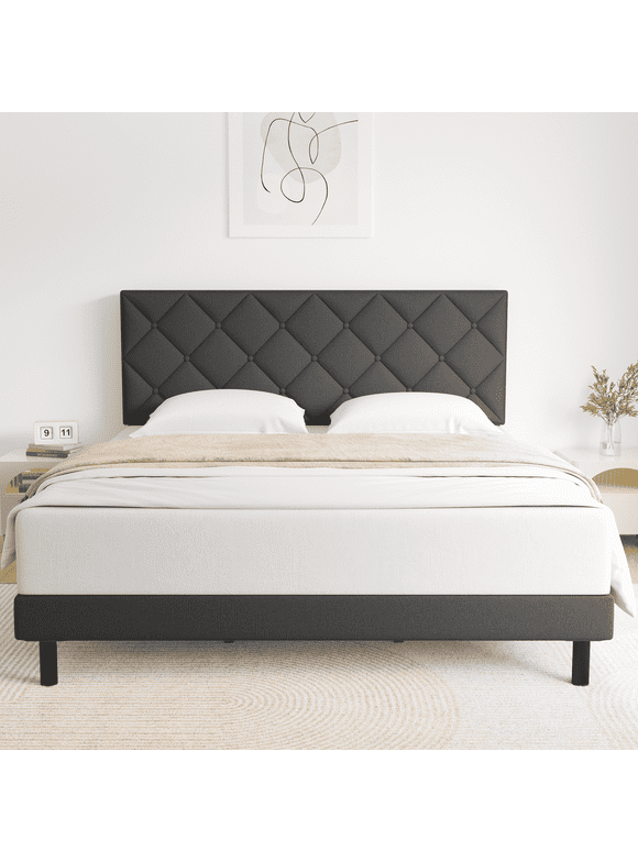 Queen Bed, HAIIDE Queen Size bed Frame with Fabric Upholstered Headboard,Dark Grey, Easy Assembly
