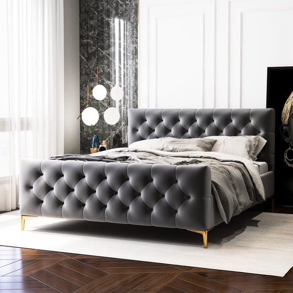 Queen Bed In Dark Grey Velvet - 's Mid-century Design With Flared Tapered Legs Platform And Support