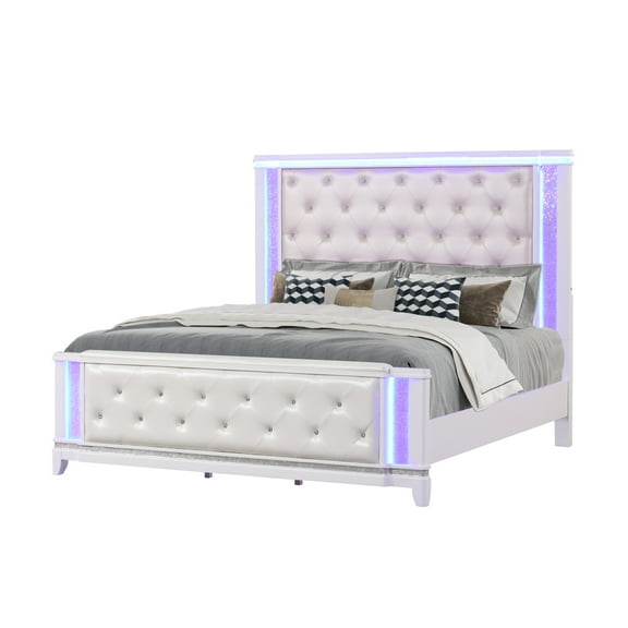 Queen Bed In Milky White, Modern Style With Headboard And , Lighted Crystal Like Allure For Bedroom Bed, White Astonish