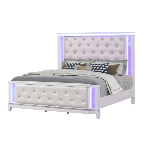 Queen Bed In Milky White With Crystal Like Vivacity, Modern Headboard And Lighted Feature For Bedroom White, Style Bewilderment