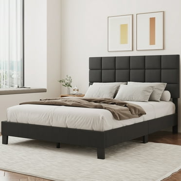 Queen Bed, Lifezone Queen Size Upholstered Bed Frame with Adjustable Headboard, No Box Spring Needed, Dark Grey
