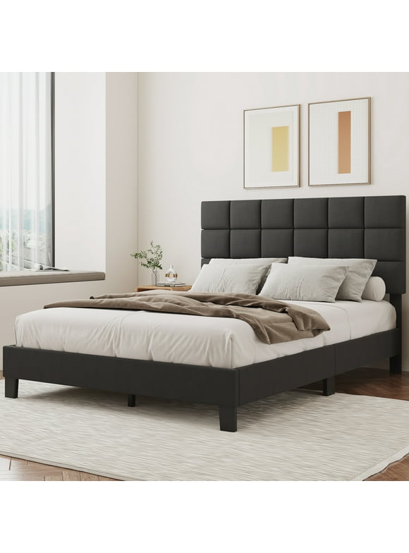 Queen Bed, Lifezone Queen Size Upholstered Bed Frame with Adjustable Headboard, No Box Spring Needed, Dark Grey