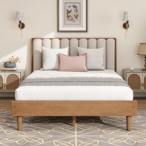 Queen Bed, Modern Upholstered Platform Bed with Piano Key Style Headboard, Sturdy Wood Frame with Slat Support, No Box Spring Needed for Bedroom, Wheat
