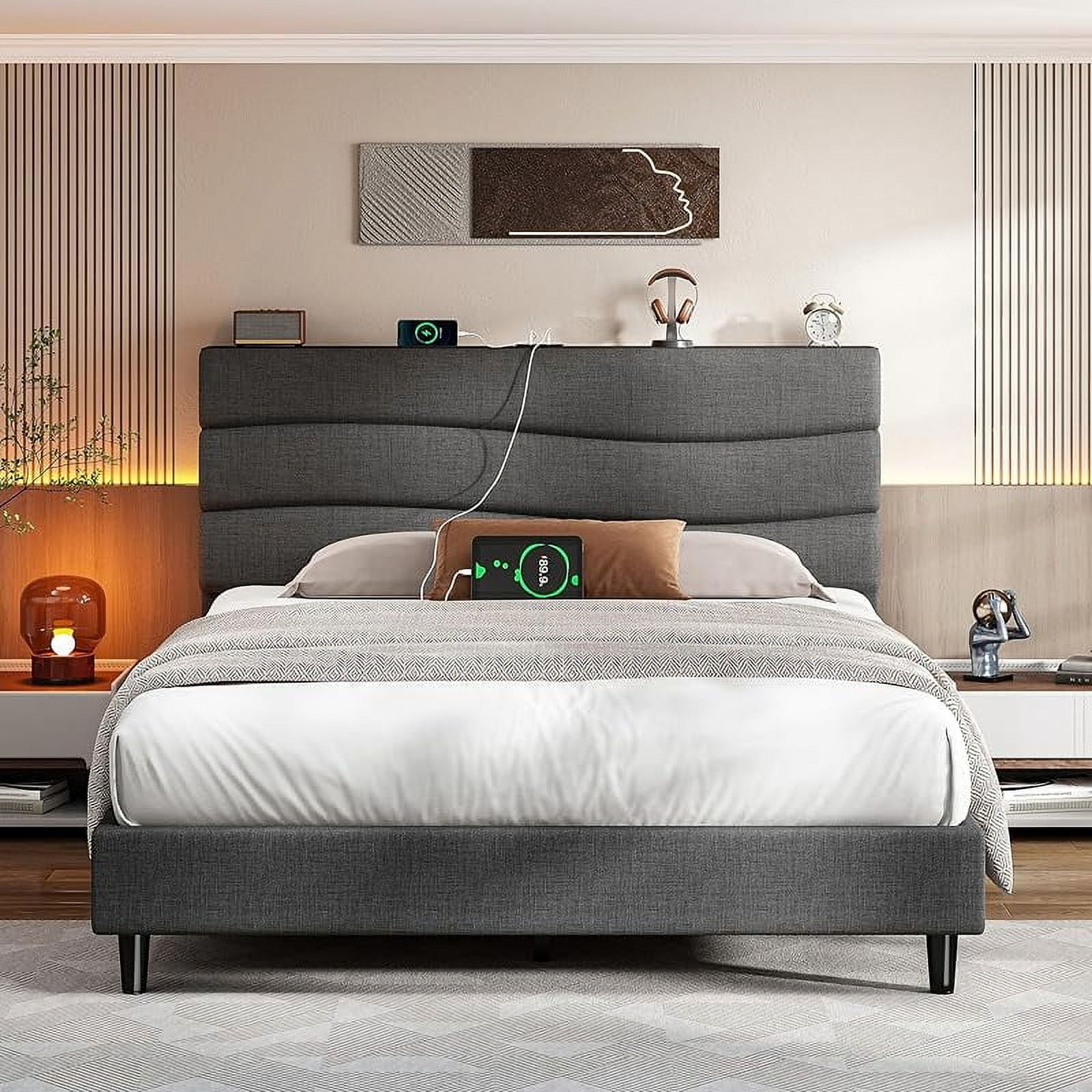 Queen Frame Queen Bed Rrame with Fabric Upholstered Headboard,Queen Size Bed Frame ...