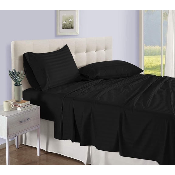 Queen Bed Sheet Set - Luxury Bedding 500 Thread Count Pure Egyptian Cotton 4 Piece Sheet Set Queen Size Fit Up 15" Inch to 18" Inch Deep Pocket, Striped ( Black )