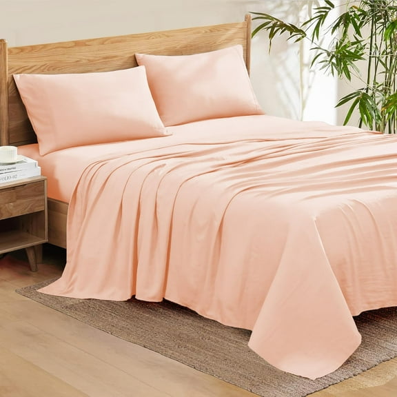 Queen Bed Sheet Set - Luxury Bedding 500 Thread Count Pure Egyptian Cotton 4 Piece Sheet Set Queen Size Fit Up 9" Inch to 12" Inch Deep Pocket, Peach Solid Color