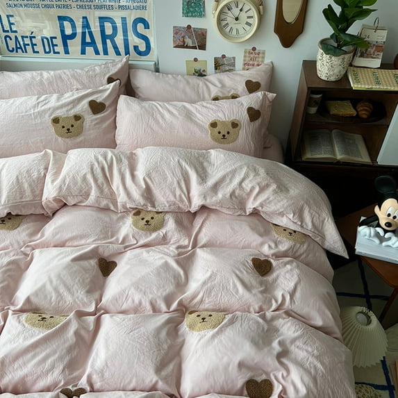 Queen Bed Sheets Set - Cotton 4-Piece Bedding Set with Towel-Embroidered Bear Pattern, Breathable & Skin-Friendly, All-Season Soft Sheets for Adults & Kids, Machine Washable - Pink