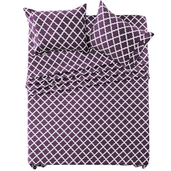 Lux Decor Queen Bed Sheet Set 4 Piece, Soft Microfiber, Deep Pockets - Quatrefoil Pattern, 1 Fitted & 1 Flat Sheet, 2 Pillowcases, Purple