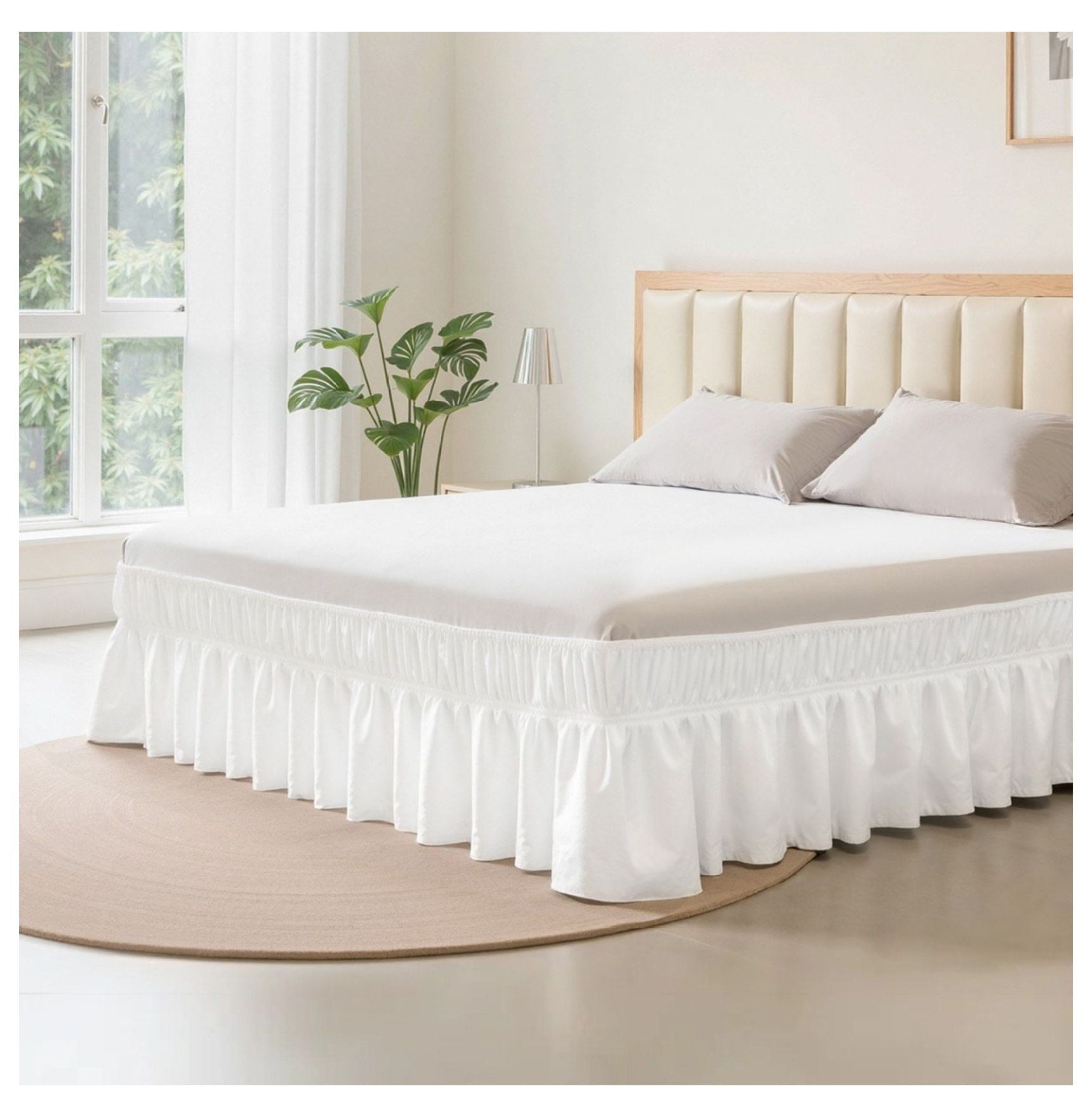 Queen Bed Skirt 15 Inch Drop White, Wrap Around 3 Sides Adjustable, Dust Ruffle with Elastic Strap, Wrinkle Resistant, Machine Washable for Queen Beds