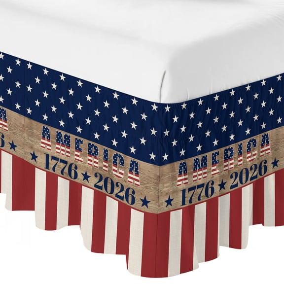 Queen Bed Skirt 16 Inch Drop, 1776-2026 American Words Easy Fit Wrap Around Ruffle Bedding, Star Striped Flags Bed Skirts with Adjustable Elastic Belt