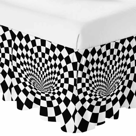 Queen Bed Skirt 16 Inch Drop, 3D Checkerboard Tunnel Easy Fit Wrap Around Ruffle Bedding, Black White Optical Illusion Bed Skirts with Adjustable Elastic Belt