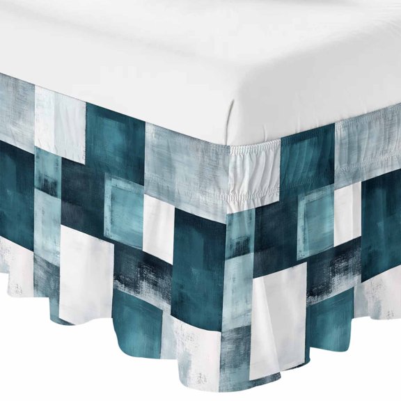 Queen Bed Skirt 16 Inch Drop, Abstract Bronze Color Block Easy Fit Wrap Around Ruffle Bedding, Rustic Grey White Geometric Bed Skirts with Adjustable Elastic Belt