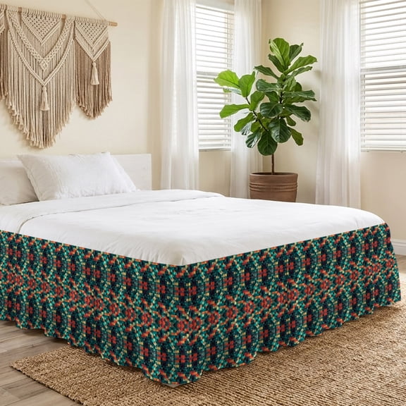 Queen Bed Skirt 16 Inch Drop, Abstract Colorful Mosaic Tile Art Easy Fit Wrap Around Ruffle Bedding, Seamless Texture Geometric Square Bed Skirts with Adjustable Elastic Belt
