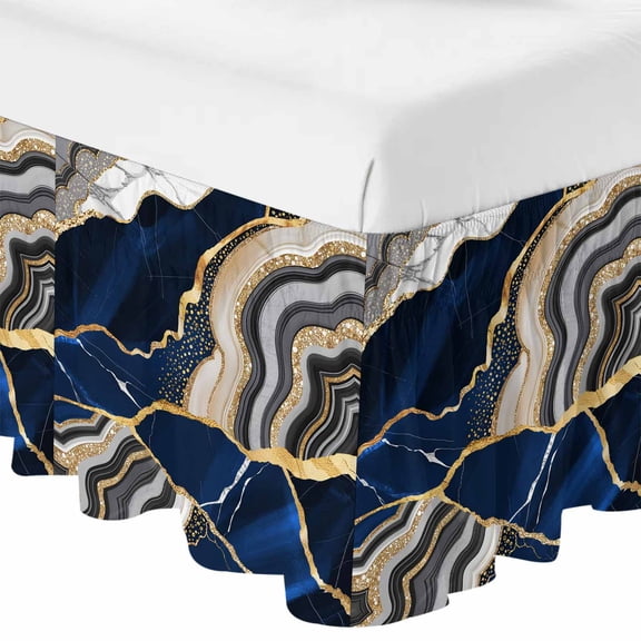 Queen Bed Skirt 16 Inch Drop, Abstract Flowing Marble Fluid Art Easy Fit Wrap Around Ruffle Bedding, Blue Gold Lines Bed Skirts with Adjustable Elastic Belt
