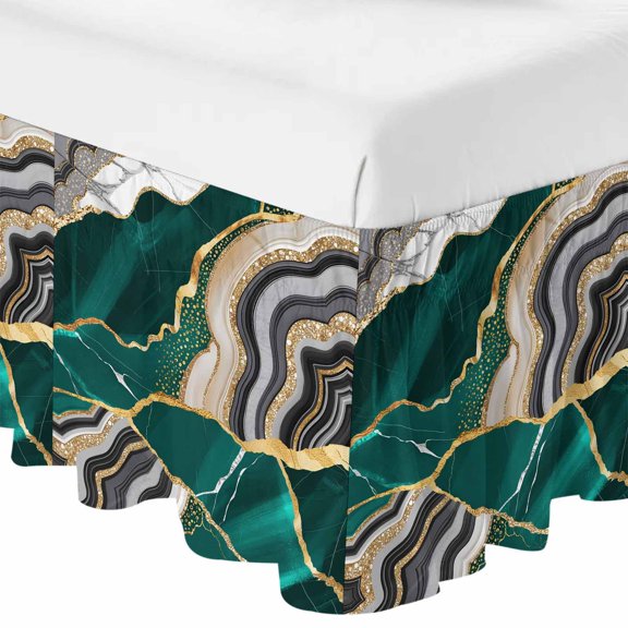 Queen Bed Skirt 16 Inch Drop, Abstract Flowing Marble Fluid Art Easy Fit Wrap Around Ruffle Bedding, Green Gold Lines Bed Skirts with Adjustable Elastic Belt
