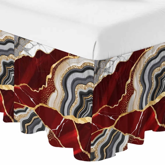 Queen Bed Skirt 16 Inch Drop, Abstract Flowing Marble Fluid Art Easy Fit Wrap Around Ruffle Bedding, Red and Gold Lines Bed Skirts with Adjustable Elastic Belt