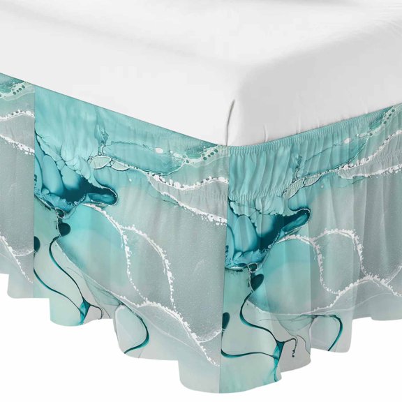 Queen Bed Skirt 16 Inch Drop, Abstract Flowing Marble Texture Easy Fit Wrap Around Ruffle Bedding, Turquoise Fluid Art Bed Skirts with Adjustable Elastic Belt