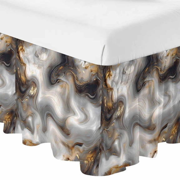 Queen Bed Skirt 16 Inch Drop, Abstract Modern Flowing Marble Art Easy Fit Wrap Around Ruffle Bedding, Gray and Gold Bed Skirts with Adjustable Elastic Belt