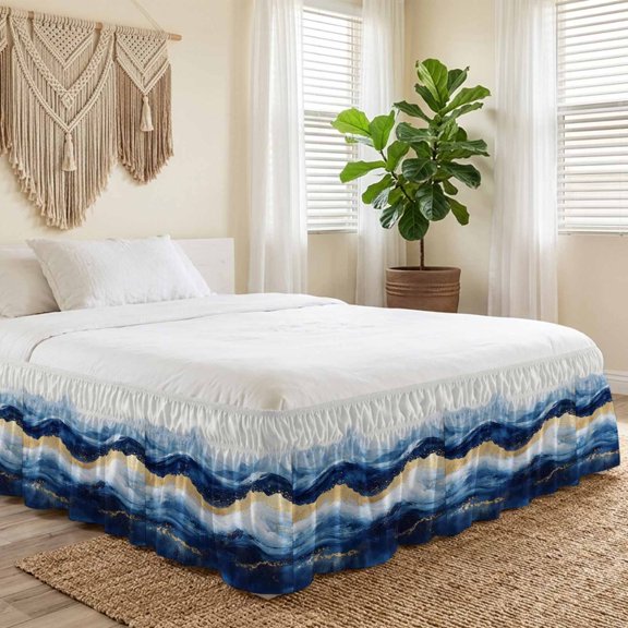 Queen Bed Skirt 16 Inch Drop, Abstract Ocean Rough Sea Easy Fit Wrap Around Ruffle Bedding, Marine Big Wave Navy Blue Gold Bed Skirts with Adjustable Elastic Belt