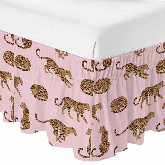 Queen Bed Skirt 16 Inch Drop, Abstract Panthers on Pink Easy Fit Wrap Around Ruffle Bedding, Summer Tropical Animals Bed Skirts with Adjustable Elastic Belt
