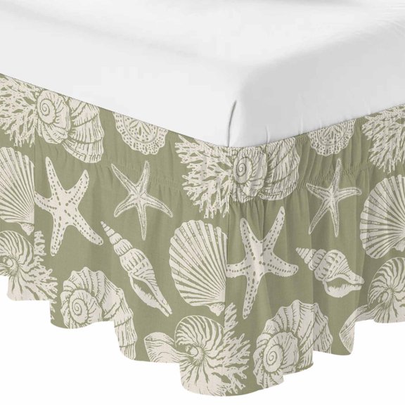 Queen Bed Skirt 16 Inch Drop, Abstract Starfish Conch Shell Easy Fit Wrap Around Ruffle Bedding, Farmhouse Sage Green Bed Skirts with Adjustable Elastic Belt