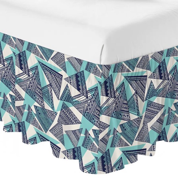 Queen Bed Skirt 16 Inch Drop, Abstract Tribal Triangle Pattern Easy Fit Wrap Around Ruffle Bedding, Rustic Geometric Art Bed Skirts with Adjustable Elastic Belt