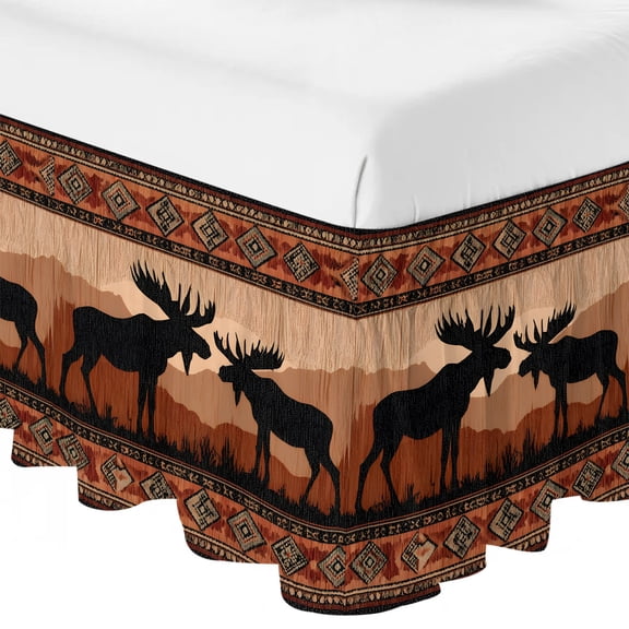 Queen Bed Skirt 16 Inch Drop, Animals Moose Silhouettes Easy Fit Wrap Around Ruffle Bedding, Retro Aztec Border Bed Skirts with Adjustable Elastic Belt