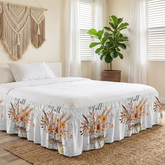 Queen Bed Skirt 16 Inch Drop, Autumn Floral Reed Watercolor Bottle Easy Fit Wrap Around Ruffle Bedding, Farm Berries on White Bed Skirts with Adjustable Elastic Belt