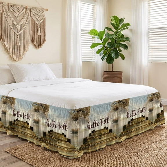 Queen Bed Skirt 16 Inch Drop, Autumn Maple Leaf Retro Plank Easy Fit Wrap Around Ruffle Bedding, Watercolor Lake Vintage Bridge Bed Skirts with Adjustable Elastic Belt