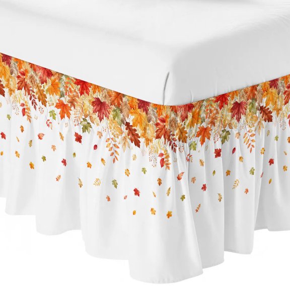 Queen Bed Skirt 16 Inch Drop, Autumn Orange Maple Leaf Watercolor Easy Fit Wrap Around Ruffle Bedding, Fallen Leaves on White Bed Skirts with Adjustable Elastic Belt