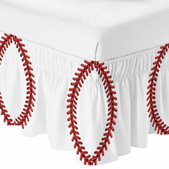 Queen Bed Skirt 16 Inch Drop, Baseball Stitches Texture Easy Fit Wrap Around Ruffle Bedding, Modern Minimalist Sport Theme Bed Skirts with Adjustable Elastic Belt
