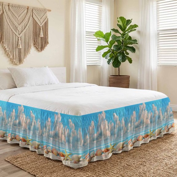 Queen Bed Skirt 16 Inch Drop, Beach Conch Shells Summer Ocean Nautical Easy Fit Wrap Around Ruffle Bedding, Blue Sky White Clouds Bed Skirts with Adjustable Elastic Belt