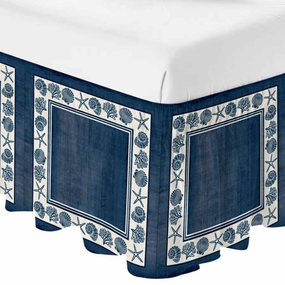 Queen Bed Skirt 16 Inch Drop, Beach Shell Starfish Coral Conch Easy Fit Wrap Around Ruffle Bedding, Navy Blue Border Bed Skirts with Adjustable Elastic Belt