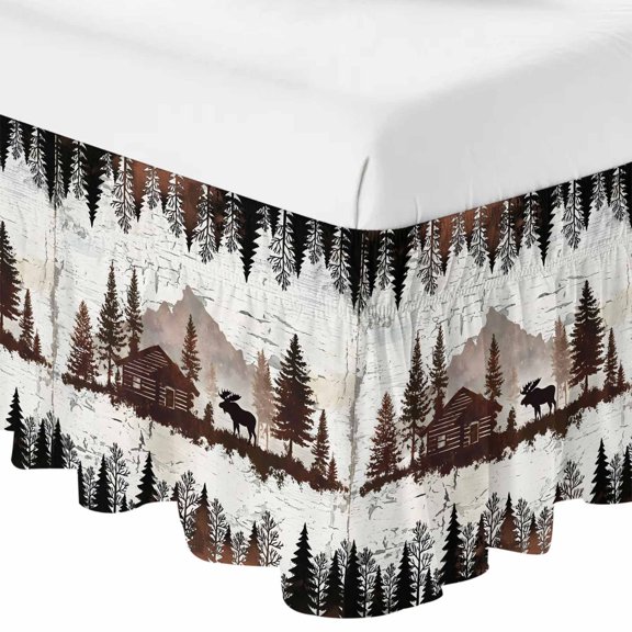 Queen Bed Skirt 16 Inch Drop, Black Deer Forest Wooden House Easy Fit Wrap Around Ruffle Bedding, Abstract Mottled Texture Bed Skirts with Adjustable Elastic Belt