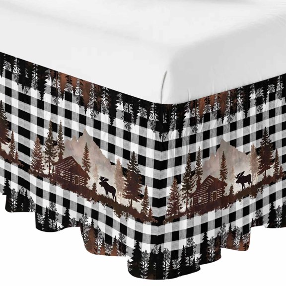 Queen Bed Skirt 16 Inch Drop, Black Deer Forest Wooden House Easy Fit Wrap Around Ruffle Bedding, Black White Buffalo Check Bed Skirts with Adjustable Elastic Belt
