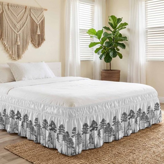Queen Bed Skirt 16 Inch Drop, Black Gray Pine Maple Forest Easy Fit Wrap Around Ruffle Bedding, Rural Trees Bed Skirts with Adjustable Elastic Belt