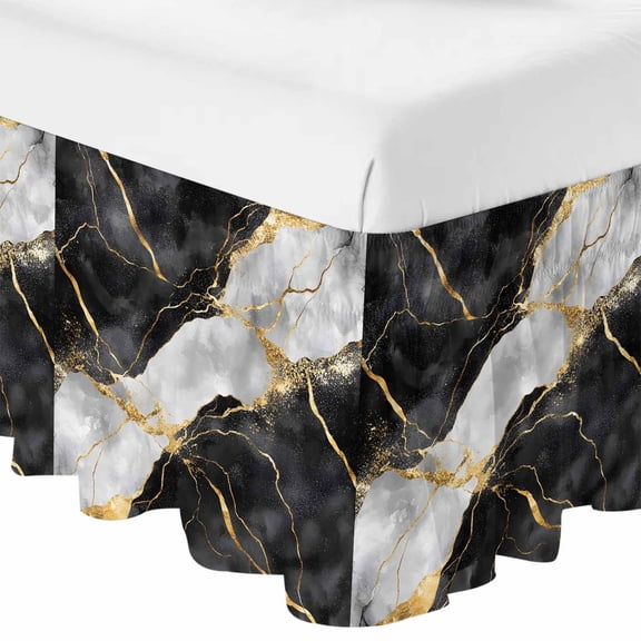 Queen Bed Skirt 16 Inch Drop, Black Grey Gold Marble Texture Easy Fit Wrap Around Ruffle Bedding, Luxury Pattern Flow Stone Bed Skirts with Adjustable Elastic Belt