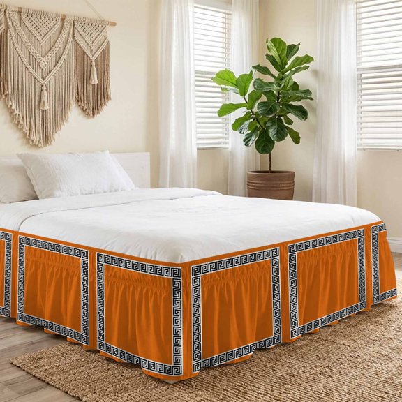 Queen Bed Skirt 16 Inch Drop, Black Simple Geometric Lines Border Easy Fit Wrap Around Ruffle Bedding, Orange Bed Skirts with Adjustable Elastic Belt