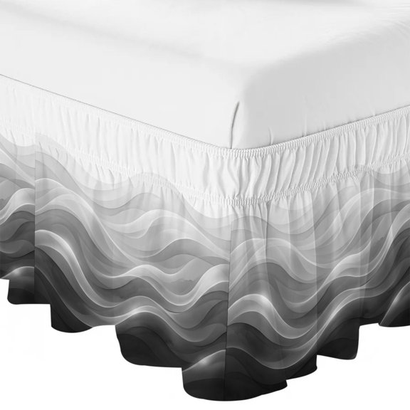 Queen Bed Skirt 16 Inch Drop, Black White Abstract Waves Easy Fit Wrap Around Ruffle Bedding, Flowing Lines Bed Skirts with Adjustable Elastic Belt