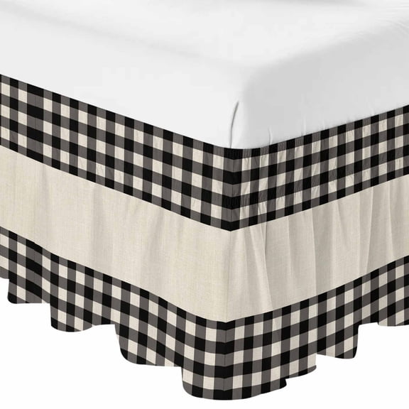 Queen Bed Skirt 16 Inch Drop, Black White Buffalo Plaid Easy Fit Wrap Around Ruffle Bedding, Retro Linen Checkered Bed Skirts with Adjustable Elastic Belt