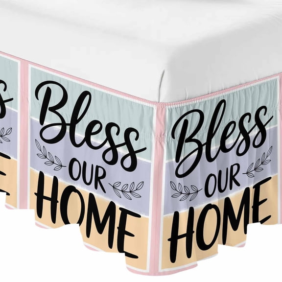 Queen Bed Skirt 16 Inch Drop, Bless Our Home Words Easy Fit Wrap Around Ruffle Bedding, Green Purple Yellow Stripe Bed Skirts with Adjustable Elastic Belt