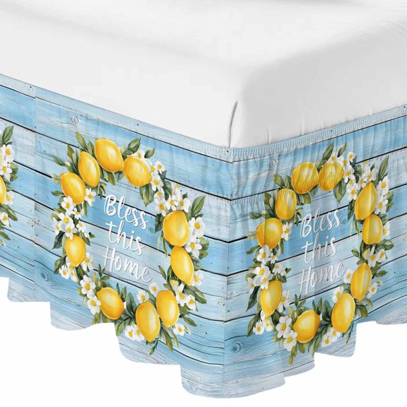 Queen Bed Skirt 16 Inch Drop, Bless Home Words Wreath Easy Fit Wrap Around Ruffle Bedding, Summer Lemon Flower on Blue Wood Bed Skirts with Adjustable Elastic Belt