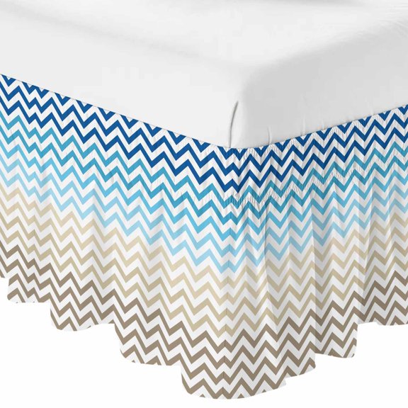 Queen Bed Skirt 16 Inch Drop, Blue Gradient Ripple Zigzag Chevron Easy Fit Wrap Around Ruffle Bedding, Abstract Geometric Bed Skirts with Adjustable Elastic Belt