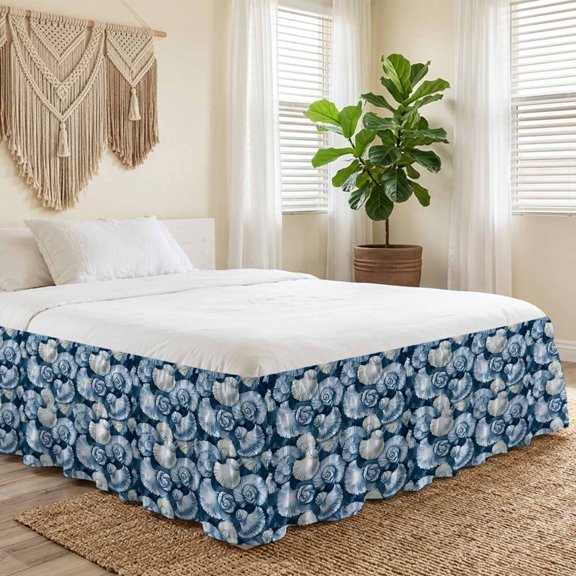 Queen Bed Skirt 16 Inch Drop, Blue Ocean Conch Sea Shell Easy Fit Wrap Around Ruffle Bedding, Summer Marine Life Bed Skirts with Adjustable Elastic Belt