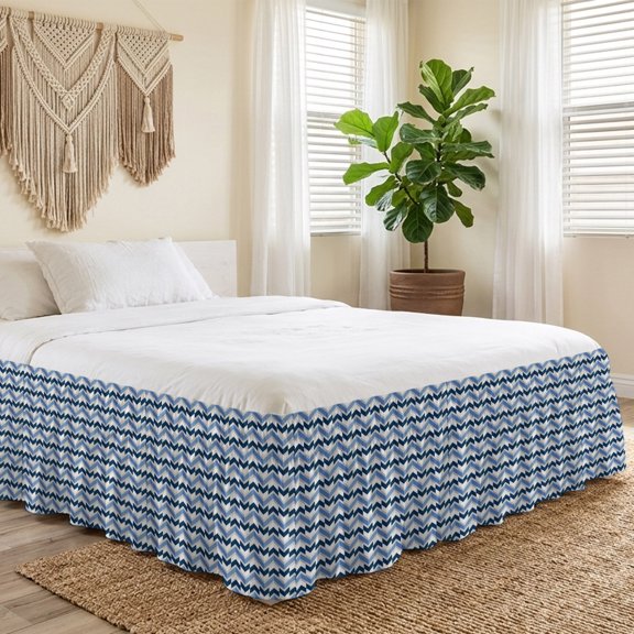 Queen Bed Skirt 16 Inch Drop, Blue Striped Ripple Zigzag Chevron Easy Fit Wrap Around Ruffle Bedding, Abstract Geometric Style Bed Skirts with Adjustable Elastic Belt